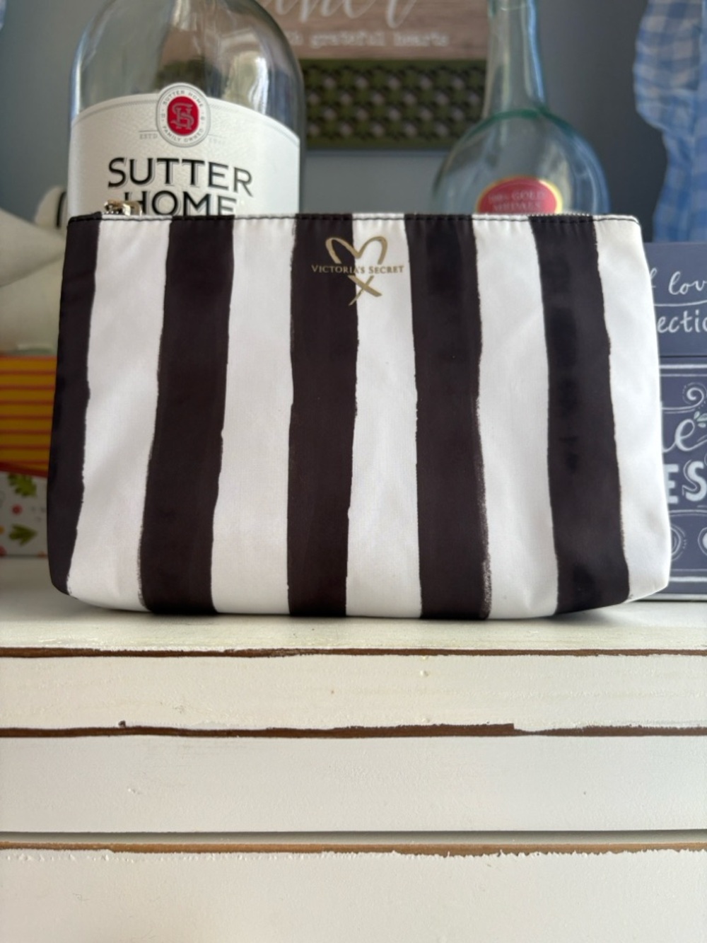 Victoria's Secret Black and White Striped Makeup Bag with Gold Logo